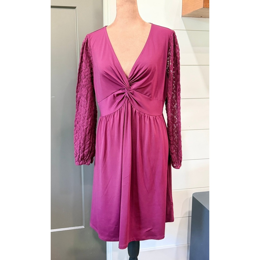 Maurices Pink Lace Sleeve Twist Front V-Neck Empire Waist Dress Medium